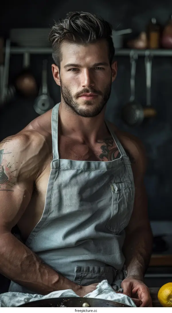 Bearded man wearing apron in kitchen