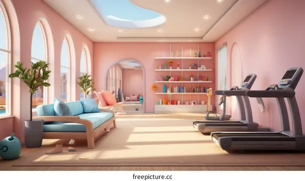Home gym with pink walls and blue sofa