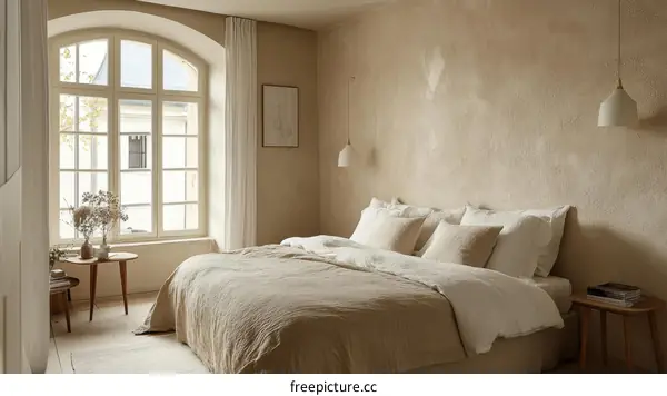Beige Bedroom Interior with Large Window