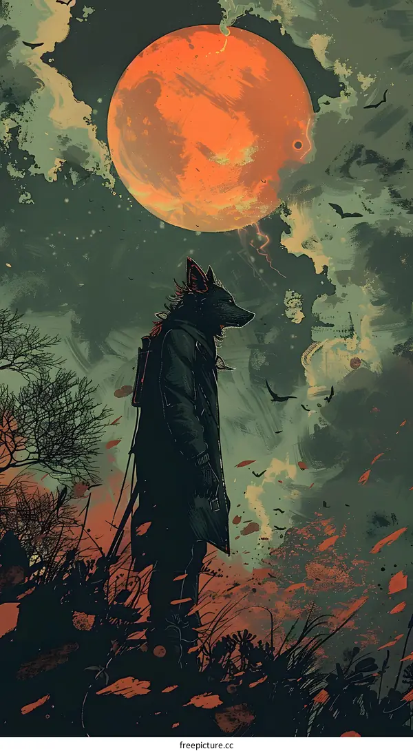 Wolf Man Under Blood Moon With Bats