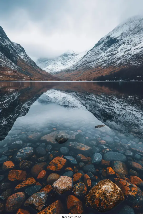Stunning mountain lake landscape with snow capped peaks reflecting in the calm water