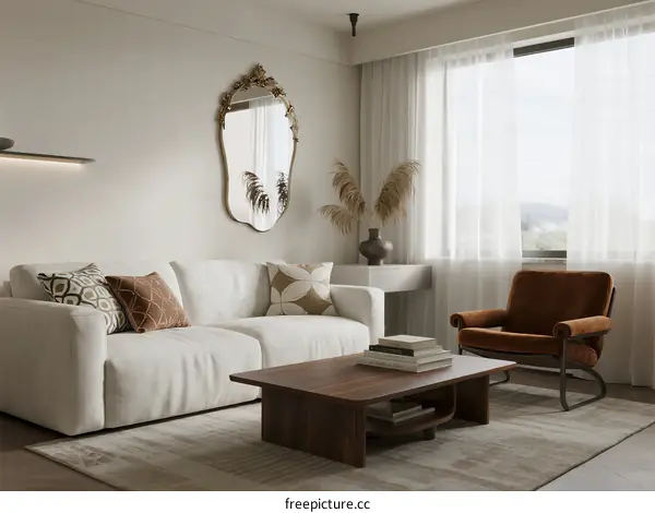 Modern Living Room with White Sofa and Brown Chair