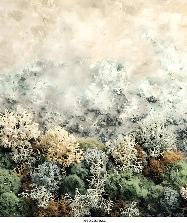 Green and White Moss Background with Beige Texture