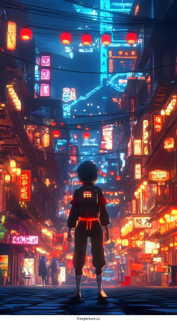 Night City Lights, Neon Signs, and a lone traveler in Asian Street