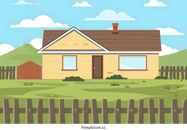 Yellow House With Fence And Green Lawn