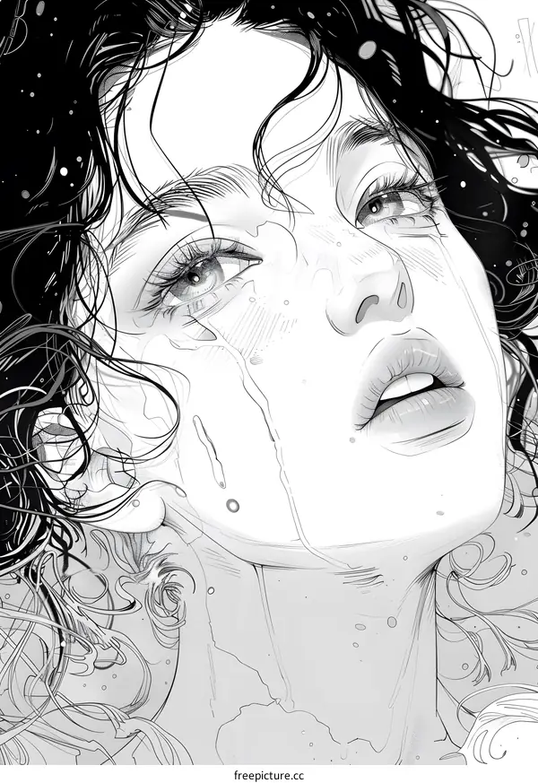 Black and White Illustration of a Woman With Long Hair Crying