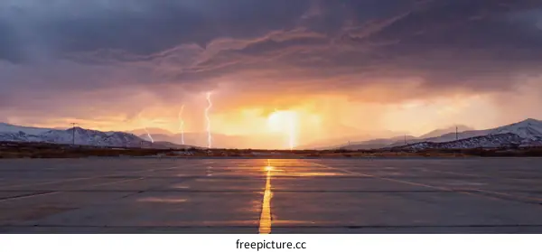 Dramatic Sunset Lightning Storm Over Mountain Range