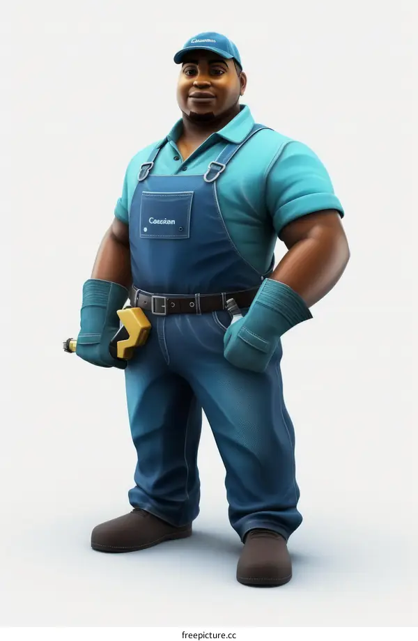 Black man wearing blue work clothes and holding a yellow measuring tape