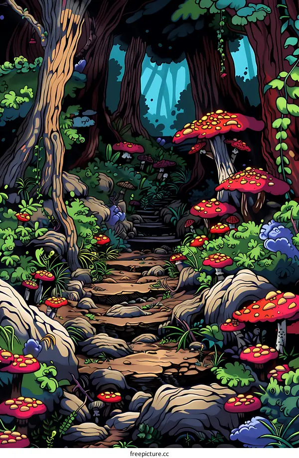 Fantasy Forest Path With Red Mushrooms