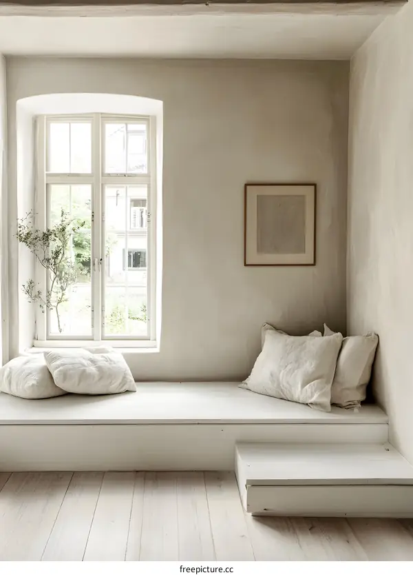 Minimalist White Window Seat with Pillows in a Modern Interior