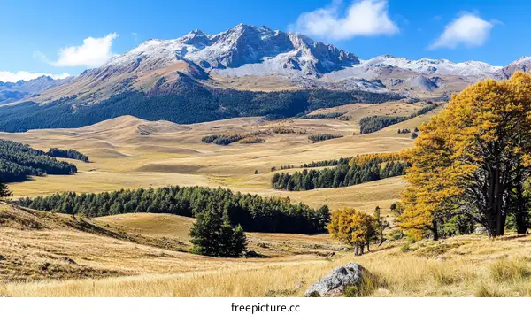 Autumn Mountain Valley Landscape with Snowy Peaks