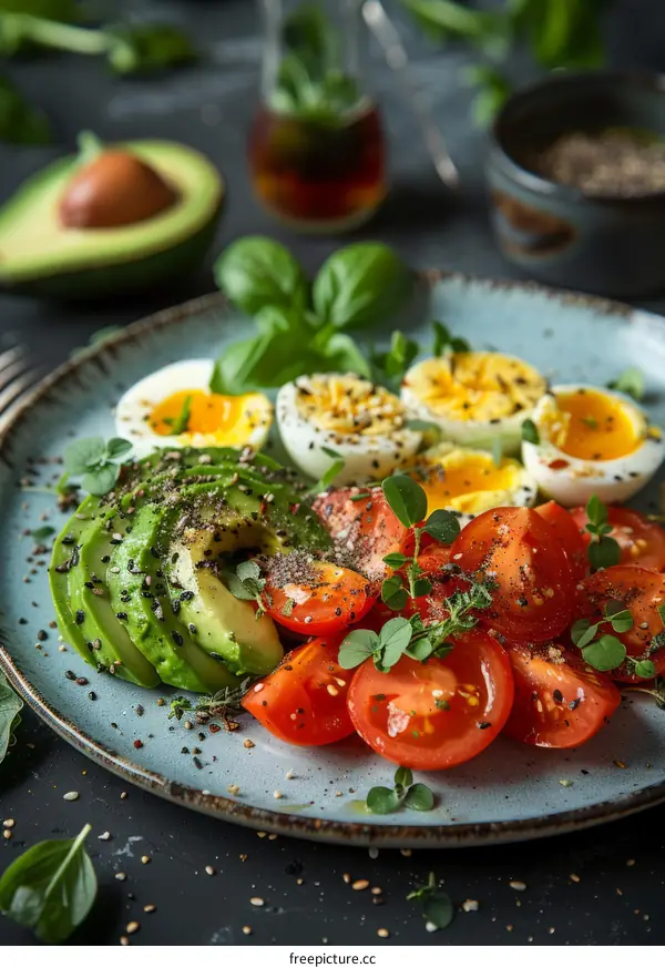 Healthy avocado and tomato salad with boiled eggs and herbs
