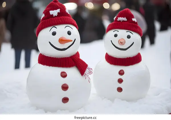 Two Happy Snowmen in Red Hats and Scarves