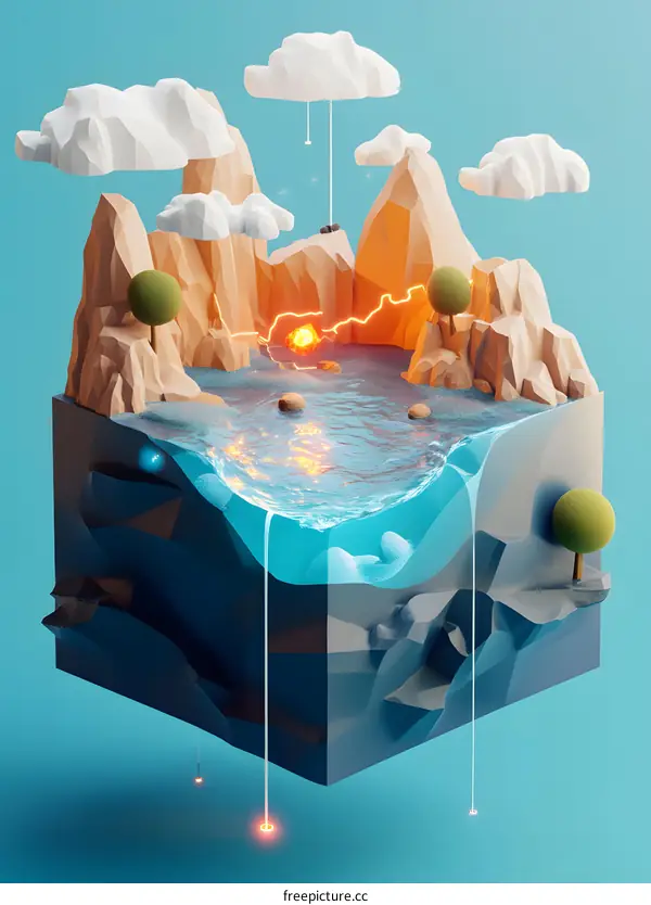 Low Poly 3D Minimalist  Illustration Of A Small Island With Mountains, A Lake And Clouds