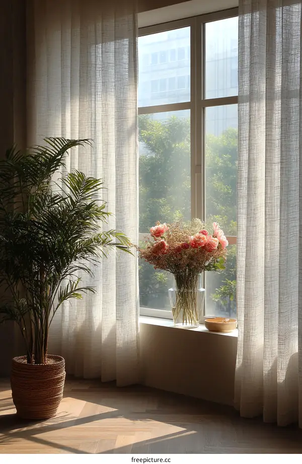 Elegant Window with Sheer Curtains and Flowers