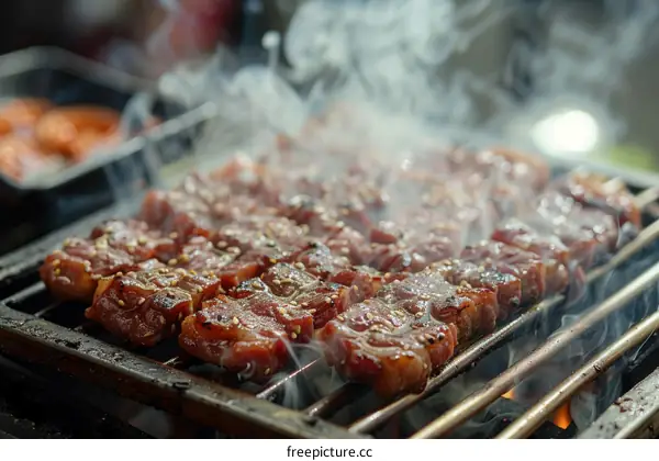 Small pieces of beef are grilled on a grate over hot coals.