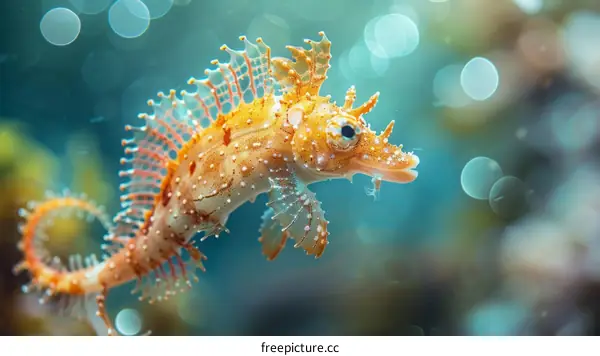 Orange Leafy Seadragon Swimming in the Ocean