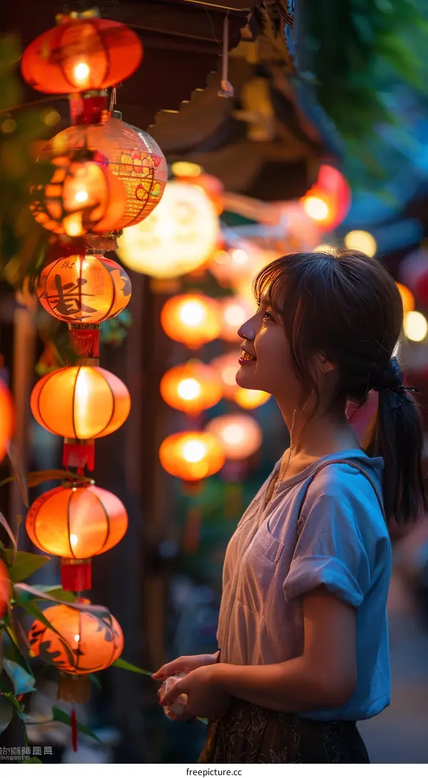 Asian woman looking at red paper lanterns in a traditional Chinese courtyard