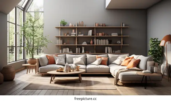 A modern living room with a large sectional sofa, a coffee table, and a rug.