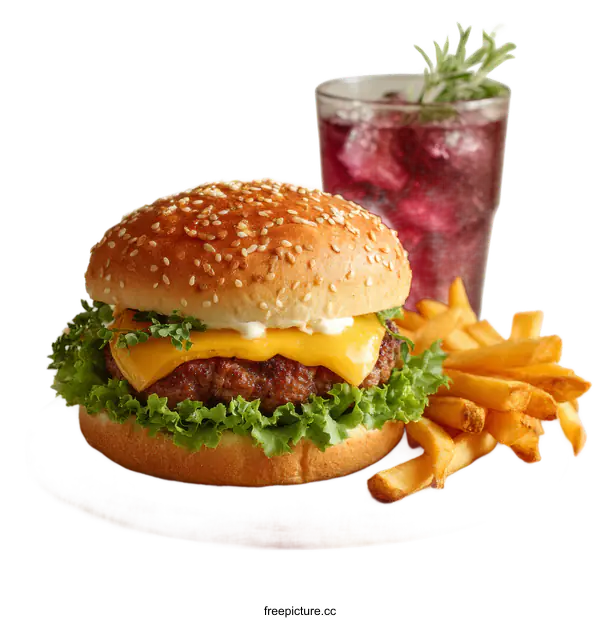 [Transparent Background PNG]Delicious Cheese Burger and French Fries Meal