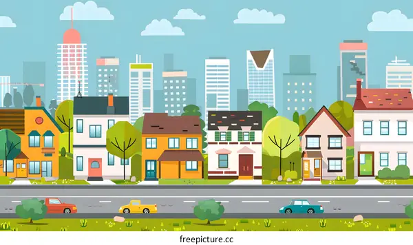 Cityscape Illustration With Houses and Cars