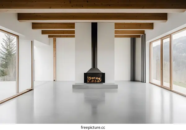 Modern Minimalist Living Room with Fireplace and Large Windows