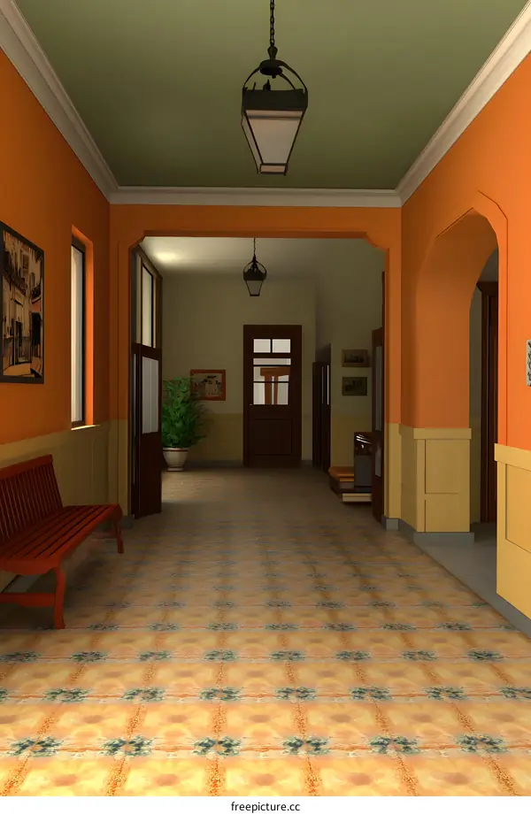 Interior Design of a Hallway with Orange Walls