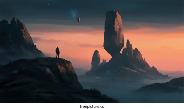 Silent Figure Overlooking Enigmatic Rock Formations at Dusk
