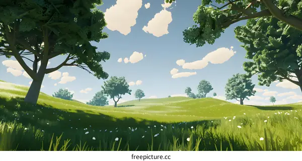 Green Meadow Under Blue Sky With White Clouds And Trees