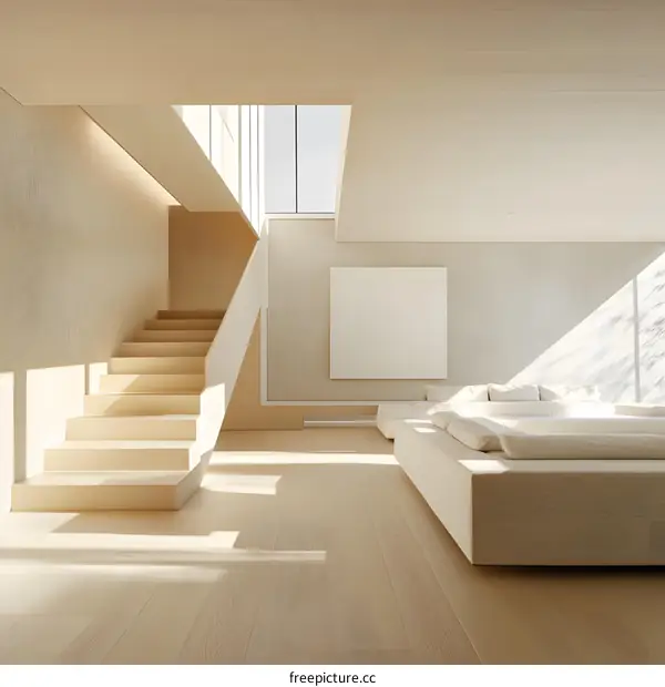 Minimalist Modern Home Interior Design With Wooden Stairs and White Sofa