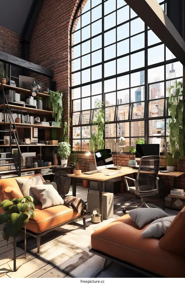 A modern home office with a large window and a view of the city