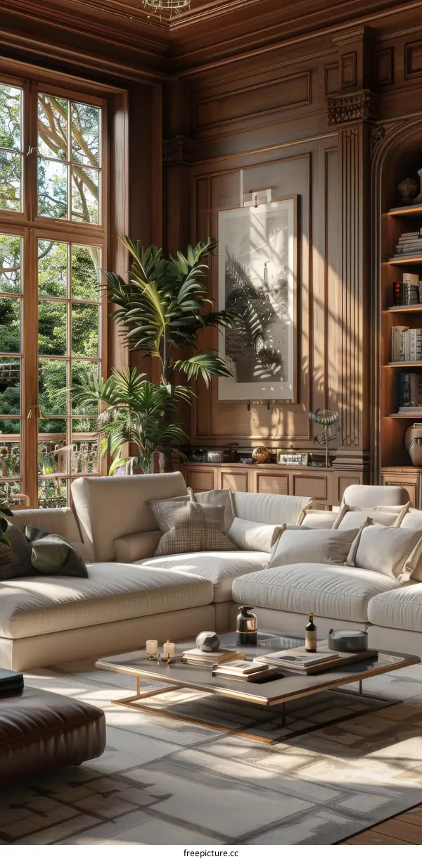 Luxury Living Room with Sectional Sofa, Large Windows, and Wooden Walls