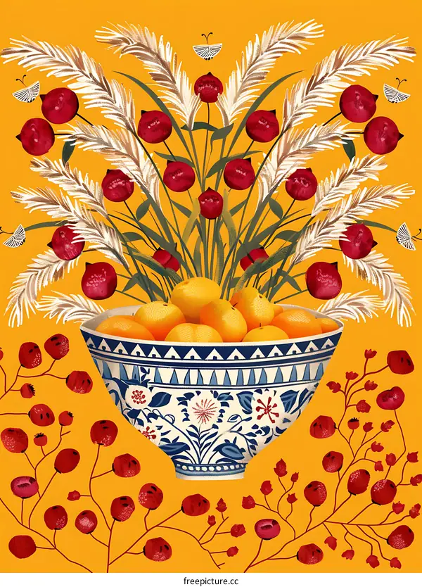 Oranges and Flowers in a Blue and White Bowl