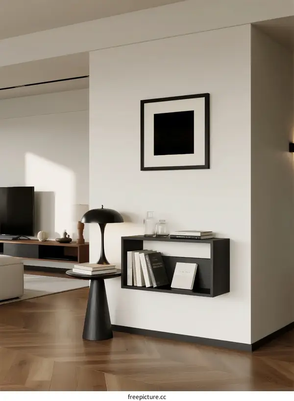 Modern Living Room with Minimalist Furniture and Black and White Decor