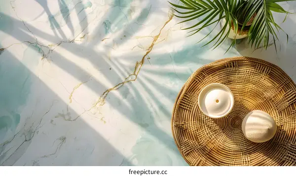 Wicker Tray With White Ceramic Objects And Palm Leaves In The Background