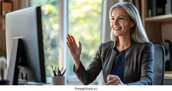 Woman in Office Using Computer for Video Call