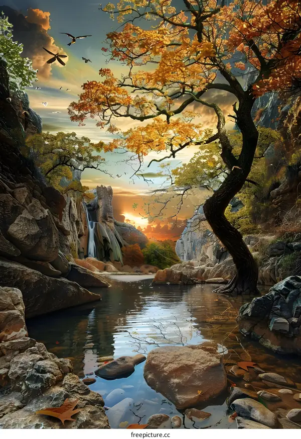 Autumn Waterfall Landscape with Sunset and Birds