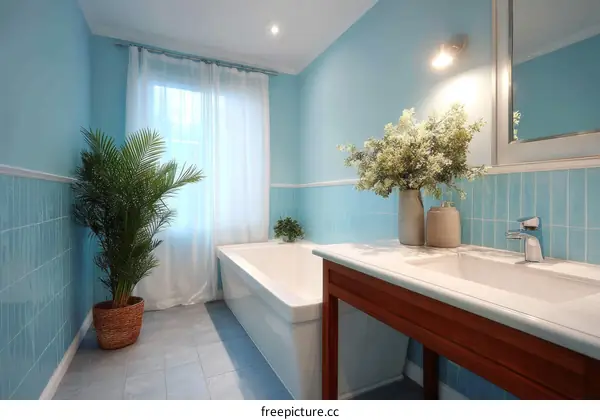 Modern Light Blue Bathroom with Bathtub and Sink