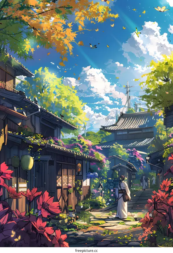 Japanese Style Village Illustration with Flowers and Butterflies