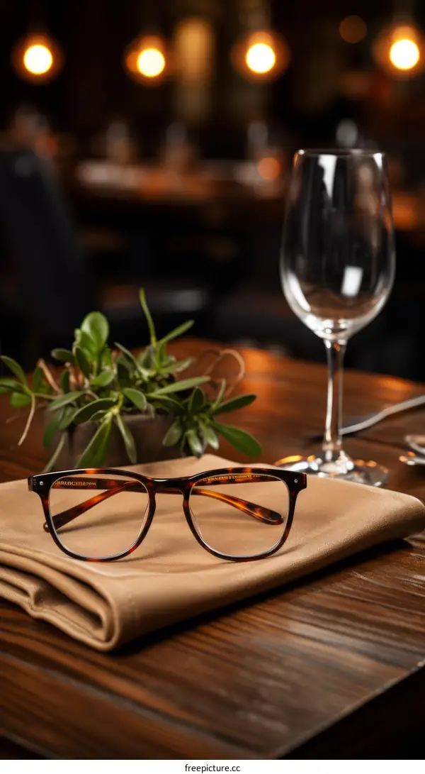 Eyeglasses on a restaurant table with a wine glass and plant