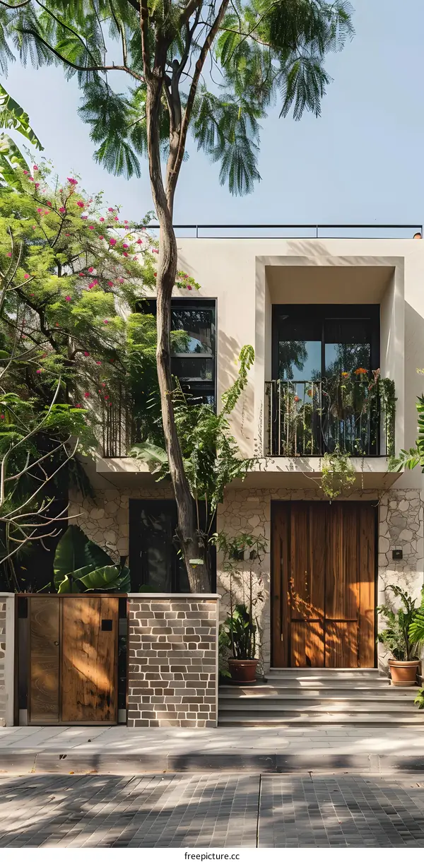 Modern House with Wooden Door and Brick Wall in Mexico