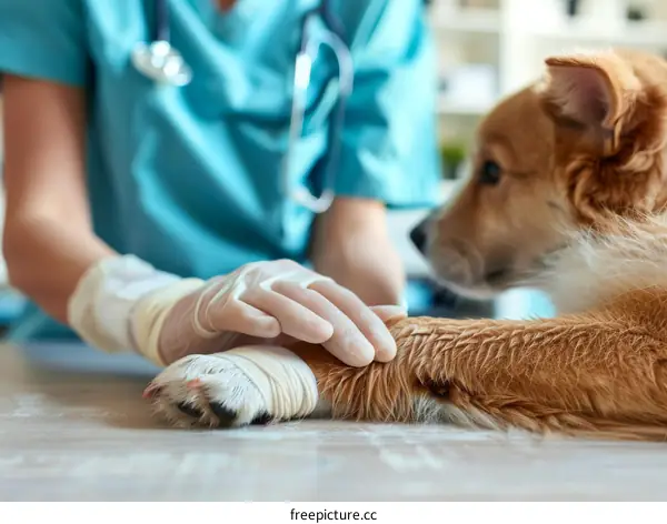 Close up of veterinarian doctor bandaging injured dog paw with bandage at animal hospital