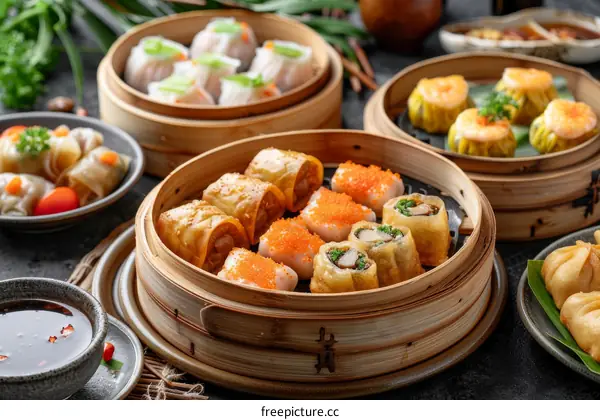 A variety of dim sum dishes in bamboo steamers