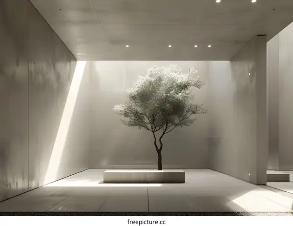Minimalist Concrete Courtyard with a Single Tree