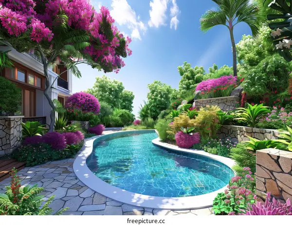 Luxurious Backyard Swimming Pool with Lush Landscaping