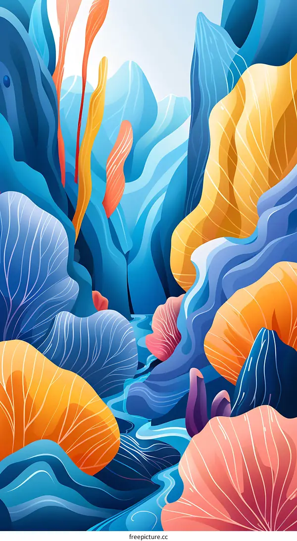 Abstract Watercolor Landscape with Blue Mountains and Stream