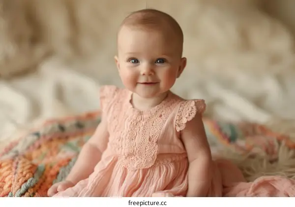 Portrait of a Smiling Baby Girl in a Pink Dress