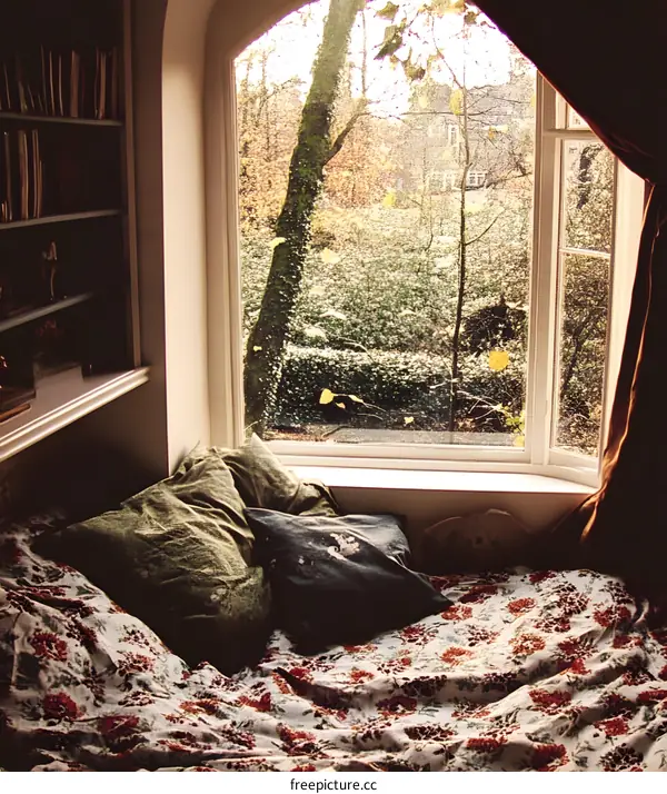 Cozy Window Seat with View of Autumn Trees