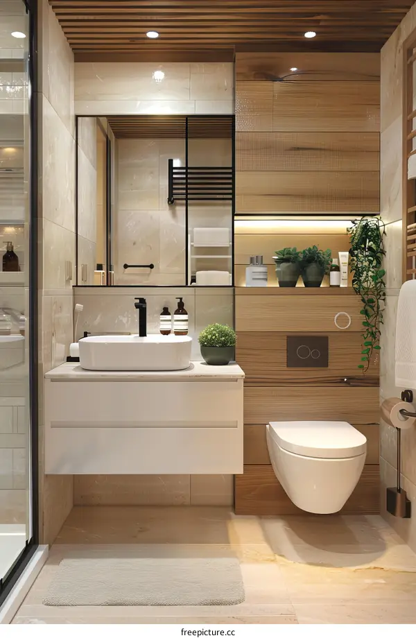 Modern Bathroom Interior with Wooden Details