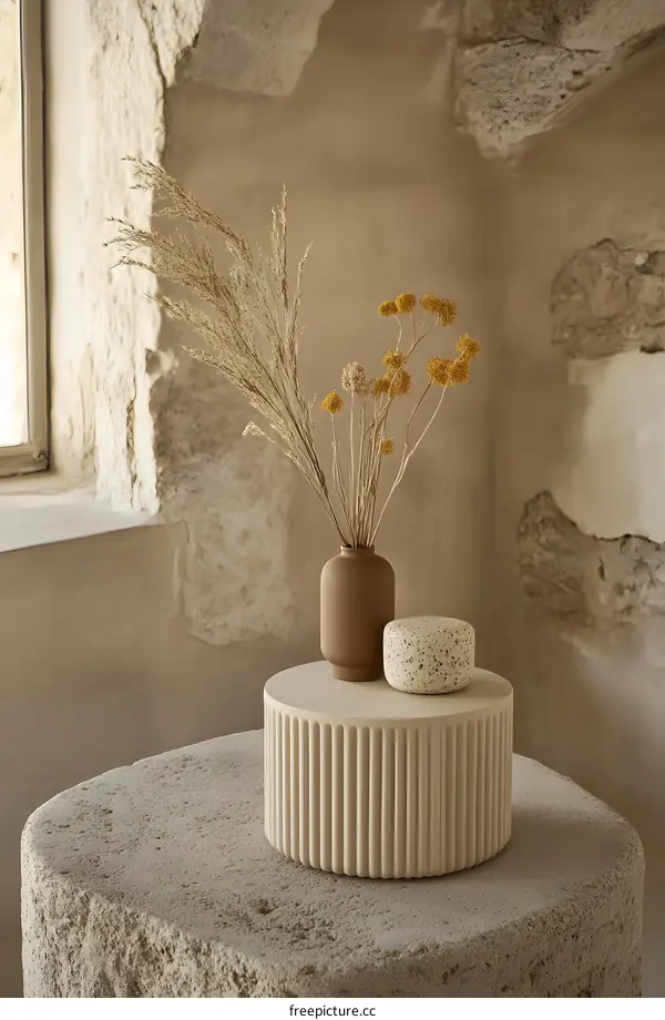 Dried Flower Arrangement in Beige Vase on Stone Table